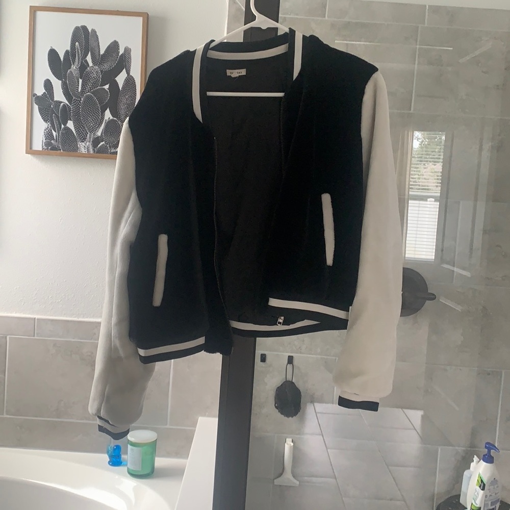 Fuzzy letterman jacket